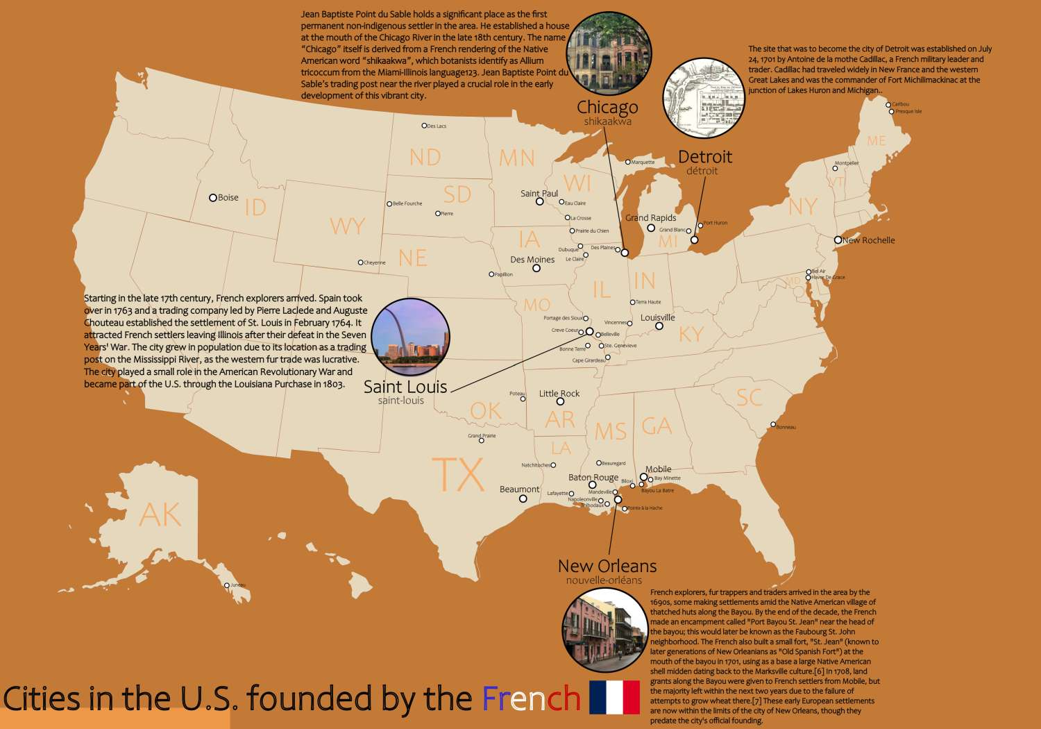 Map of U.S. cities that were founded by France